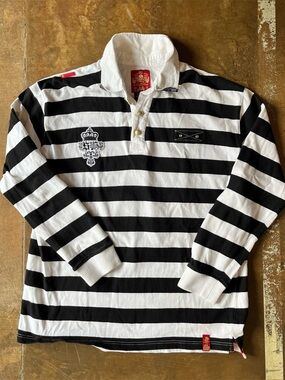 Stash House Vintage Y2K Black White Striped Grunge Rugby Henley Shirt XL Punk
